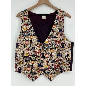 Castle Rock Vintage Vest Women's Large Cats USA American Flag Satin Button Retro